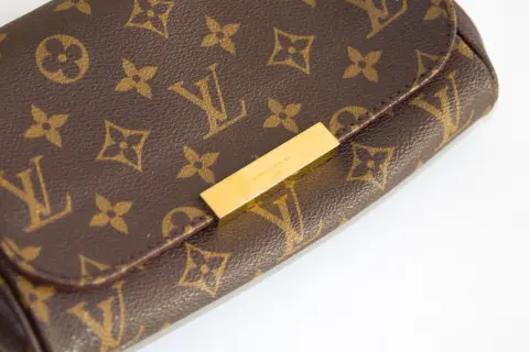Zbliżenie na brązową torebkę Louis Vuitton z monogramem i złotym zapięciem.