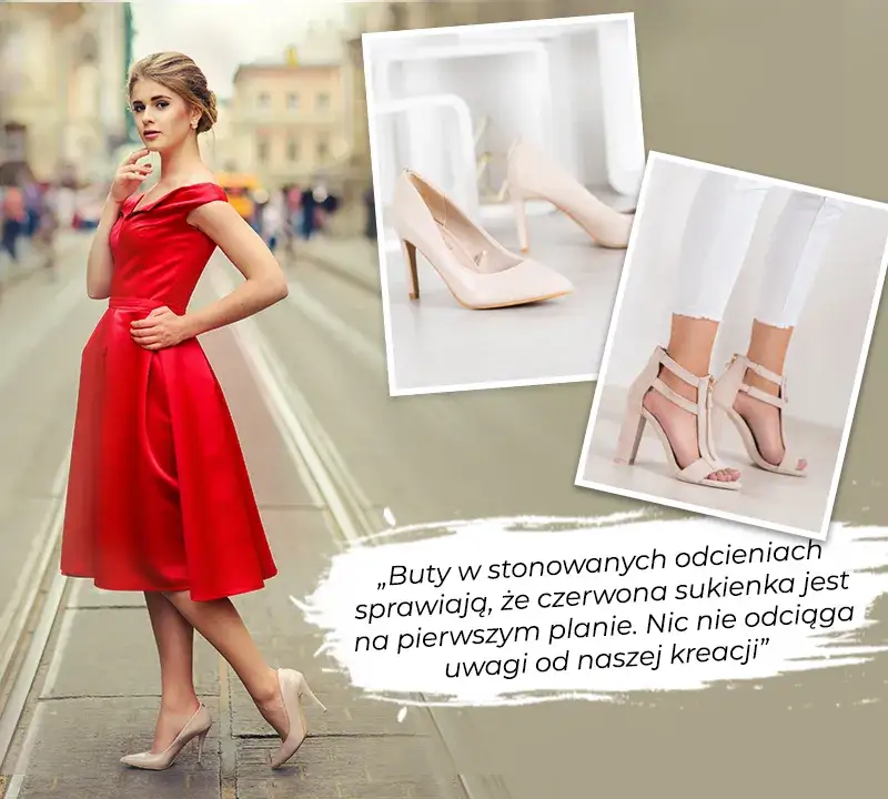czerwona sukienka szpilki nude czarne złote srebrne stylizacje