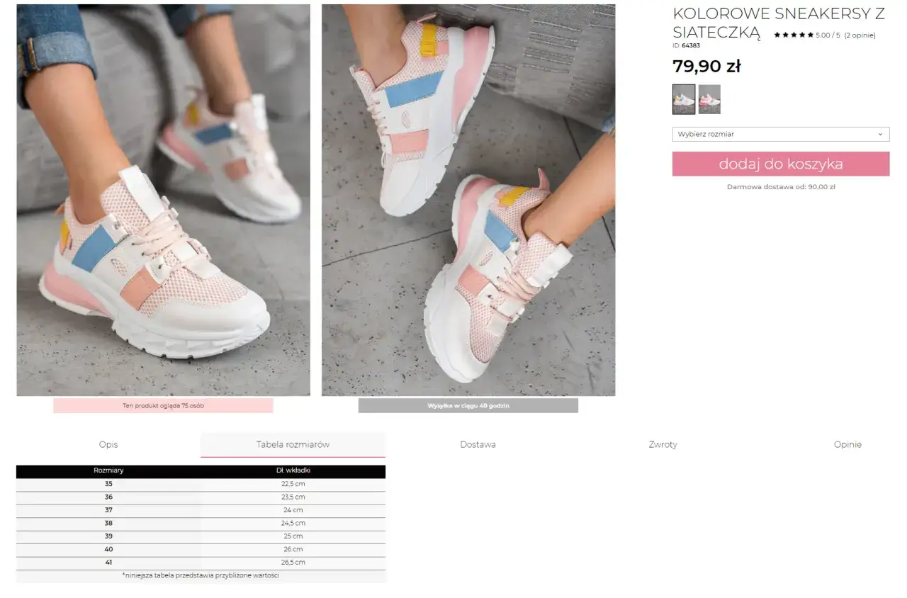 kobieta mierząca buty online, filtry rozmiaru buta