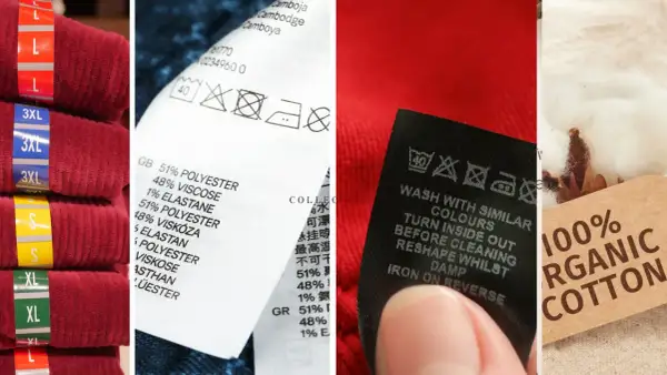 Stosy ubrań z etykietami rozmiarów, metki z składem i symbolami pielęgnacji, bawełna organiczna.